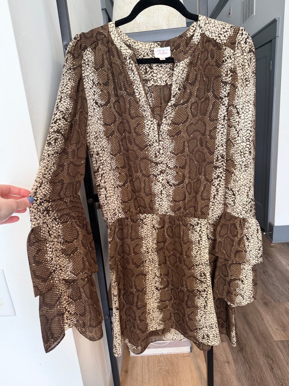 Parker Silk Brown Snake Print Long Flared Sleeve Mini Dress